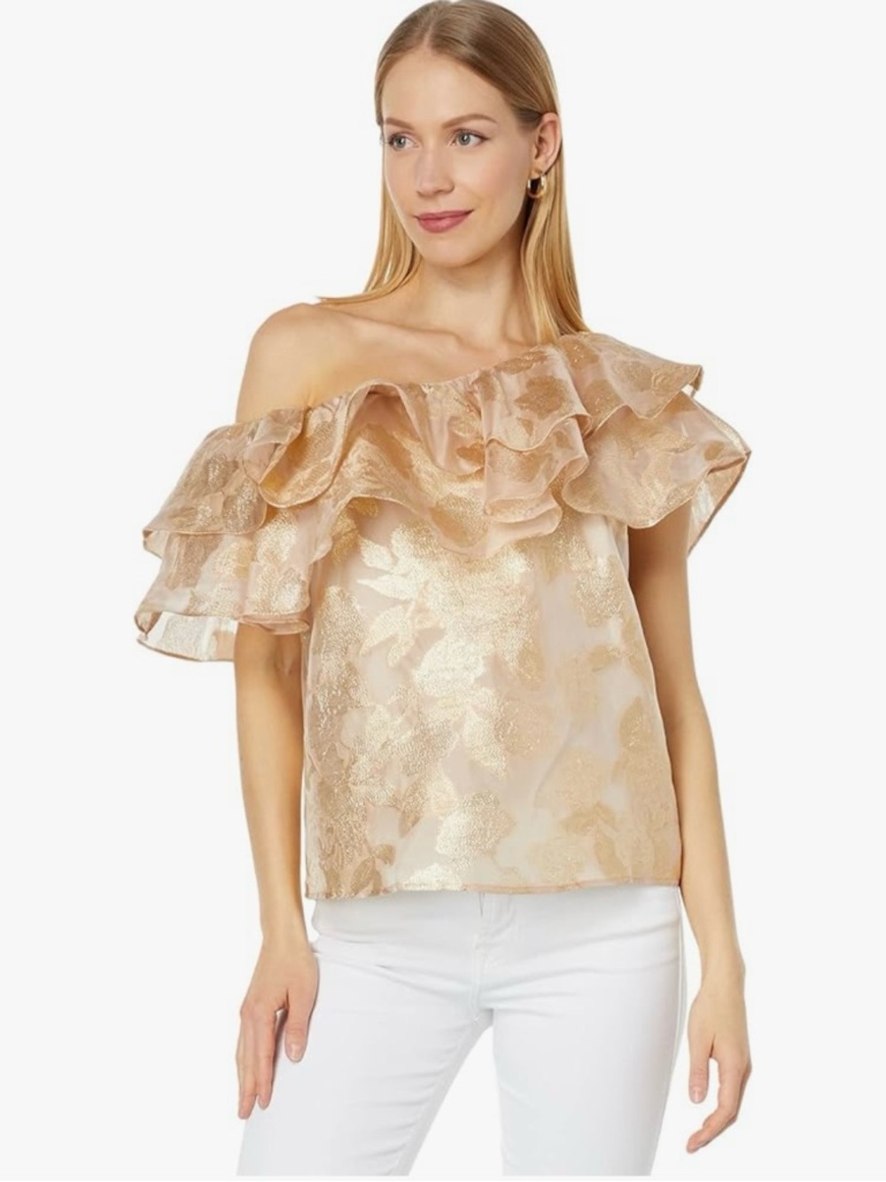 NWT Lilly Pulitzer Trixie One-Shoulder Ruffle Top - Gold Organza Brocade